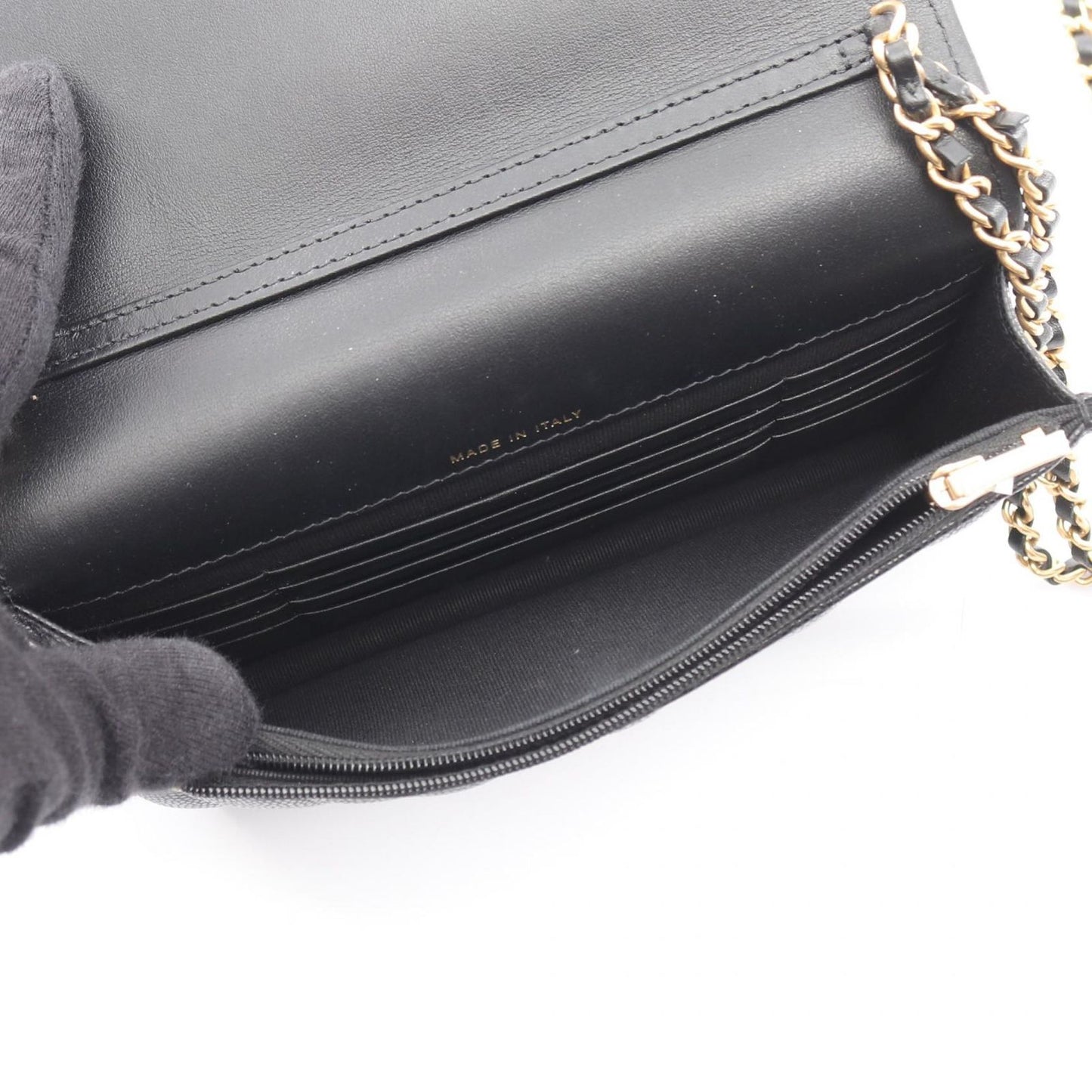 Chanel Shoulder Bag Quilted Black Caviar Leather Chain Wallet — view 3
