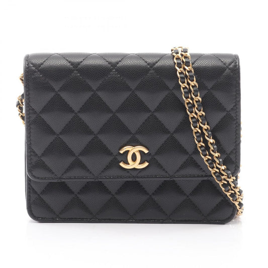 Chanel Shoulder Bag Quilted Black Caviar Leather Chain Wallet