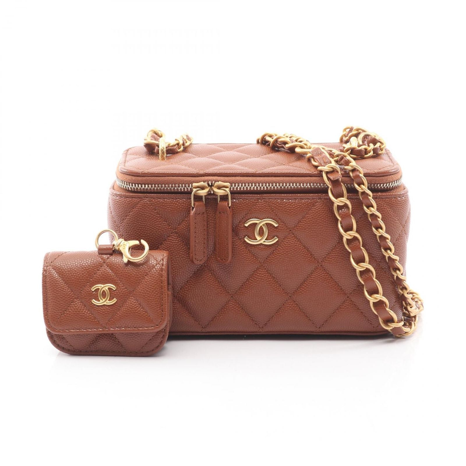 Chanel Shoulder Bag Quilted Vanity Brown Caviar Leather Chain
