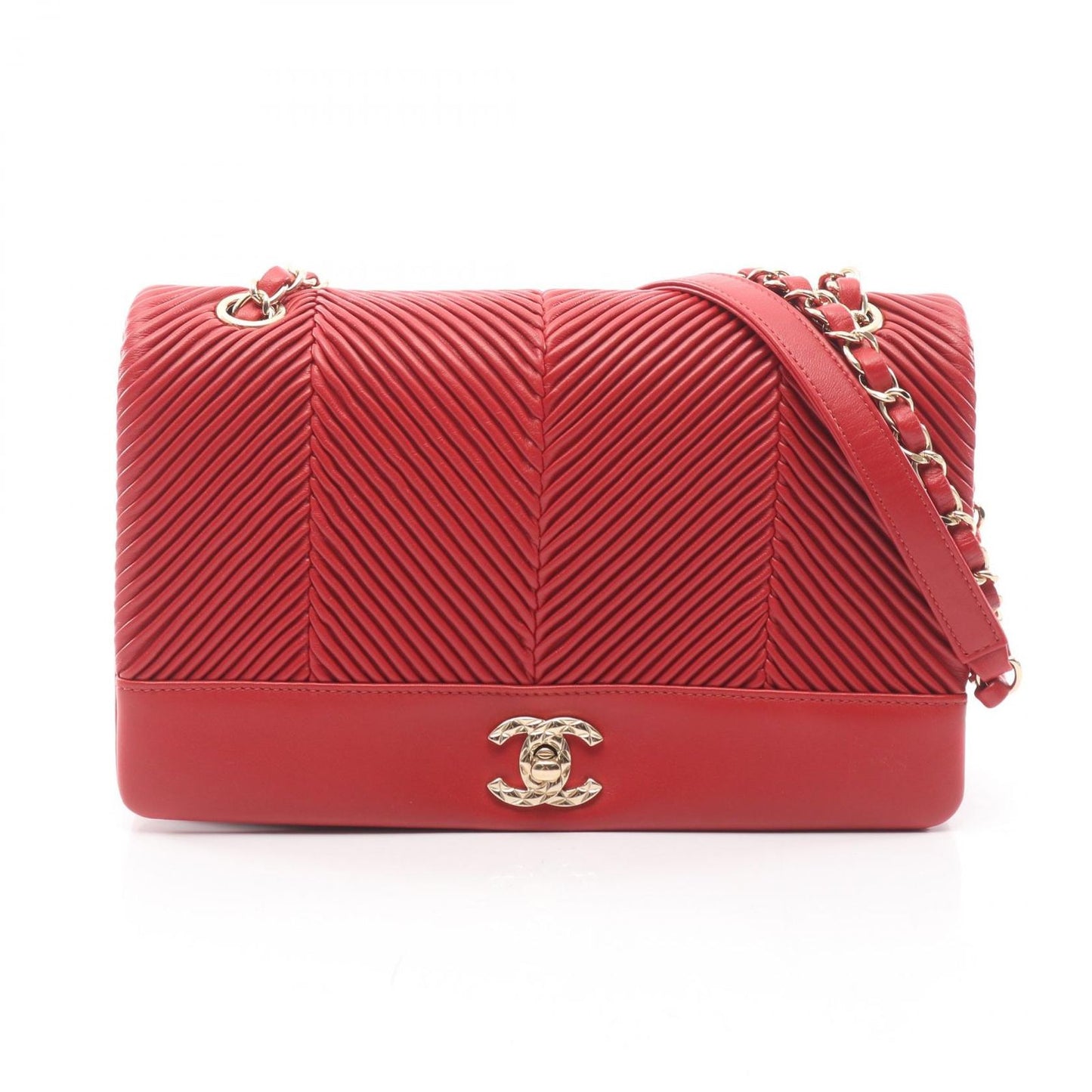 Chanel Shoulder Bag CC Logo Red Lambskin Chain