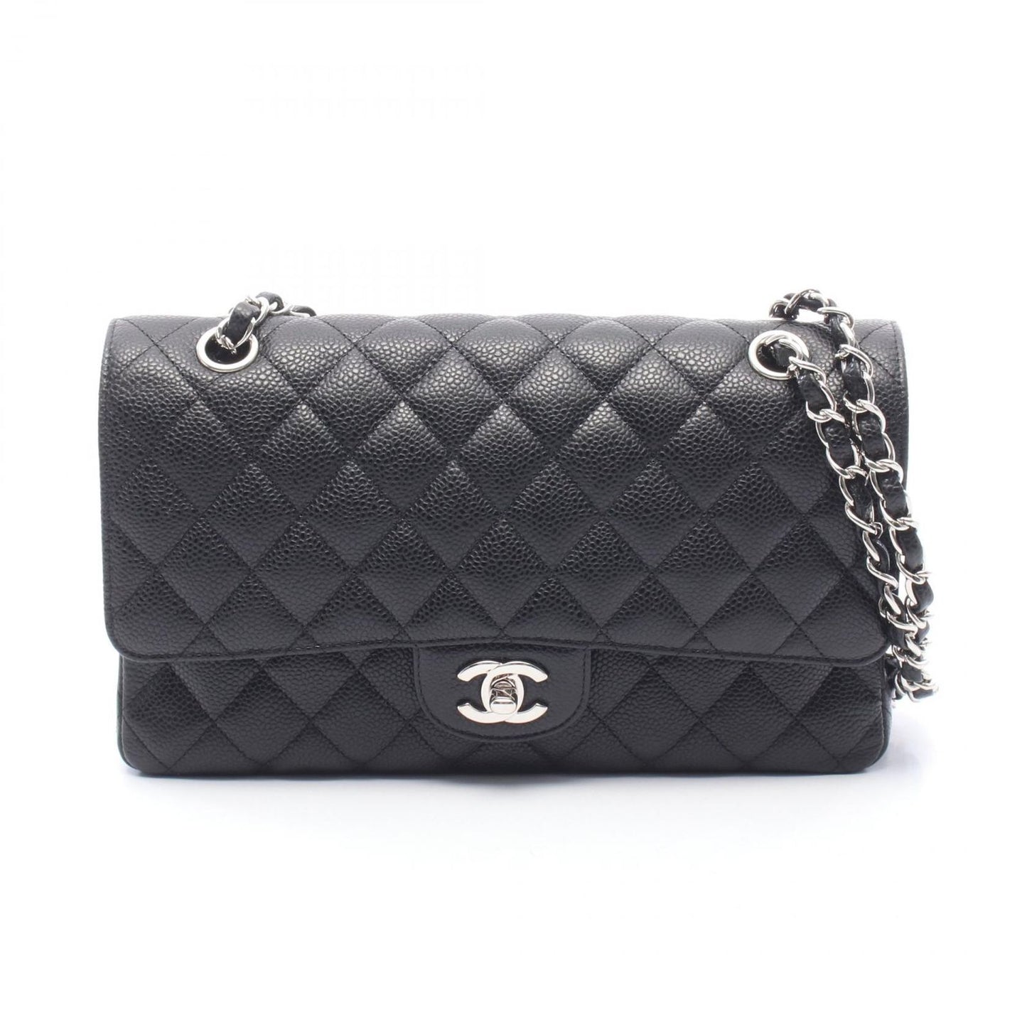 Chanel Shoulder Bag Quilted Double Flap Black Caviar Leather Chain