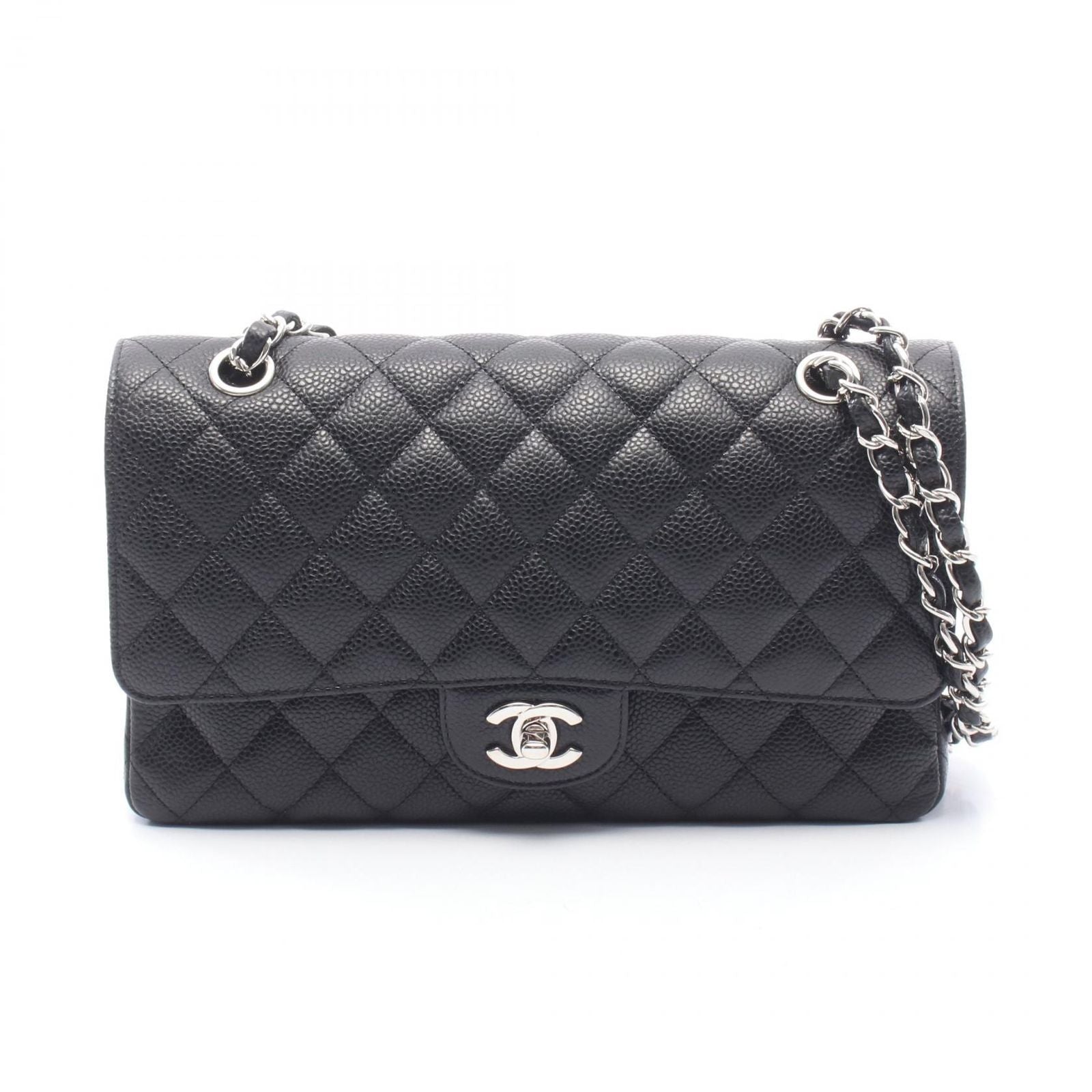 Chanel Shoulder Bag Quilted Double Flap Black Caviar Leather Chain