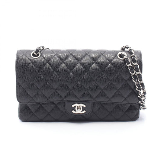 Chanel Shoulder Bag Quilted Double Flap Black Caviar Leather Chain