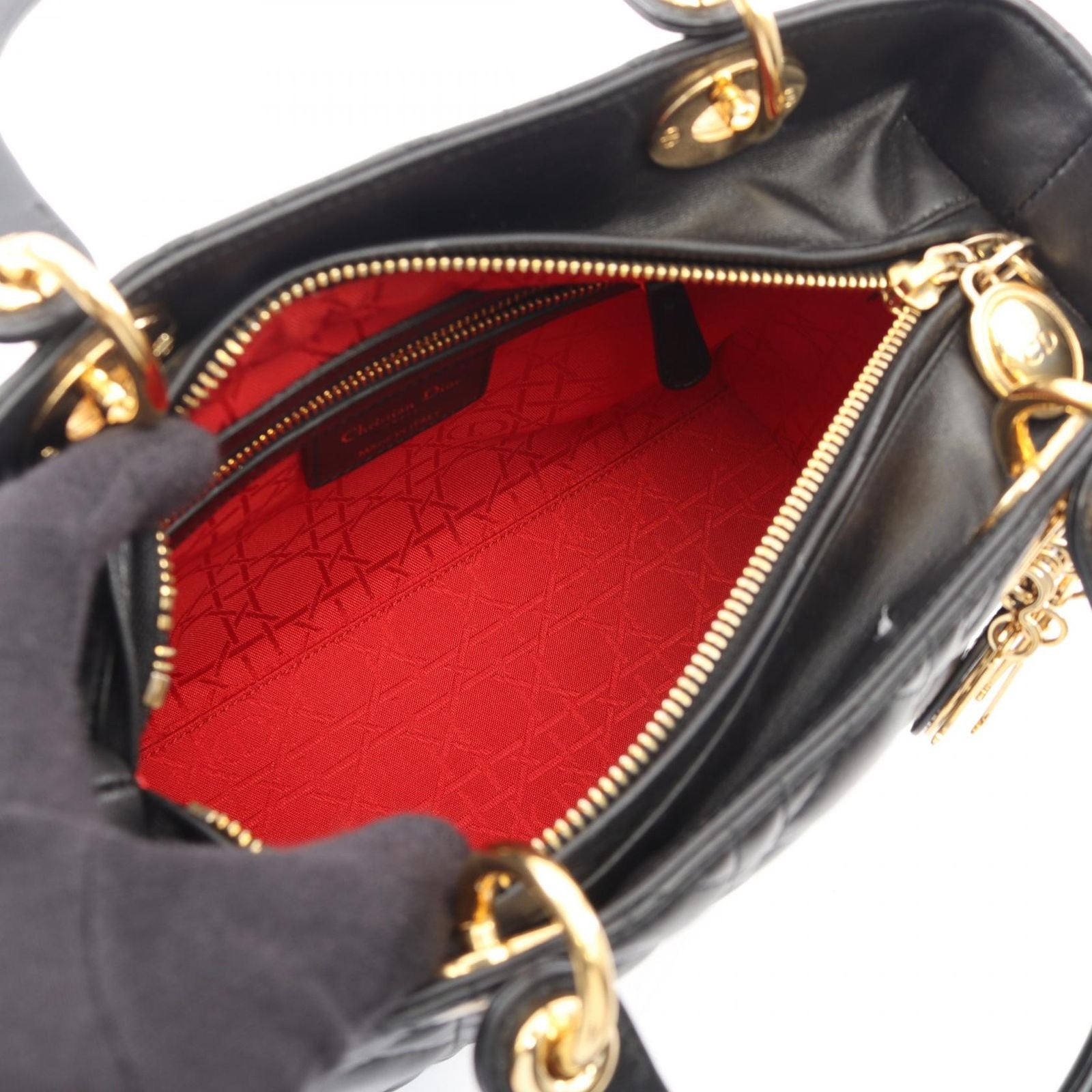 Dior Handbag Lady Dior Cannage 2-Way Black Leather Tote — view 3