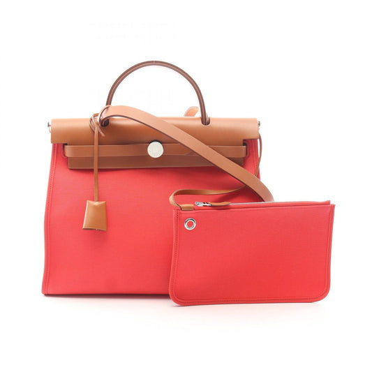 Hermes Handbag Herbag Zip PM 2-Way Rose Natural Canvas Leather