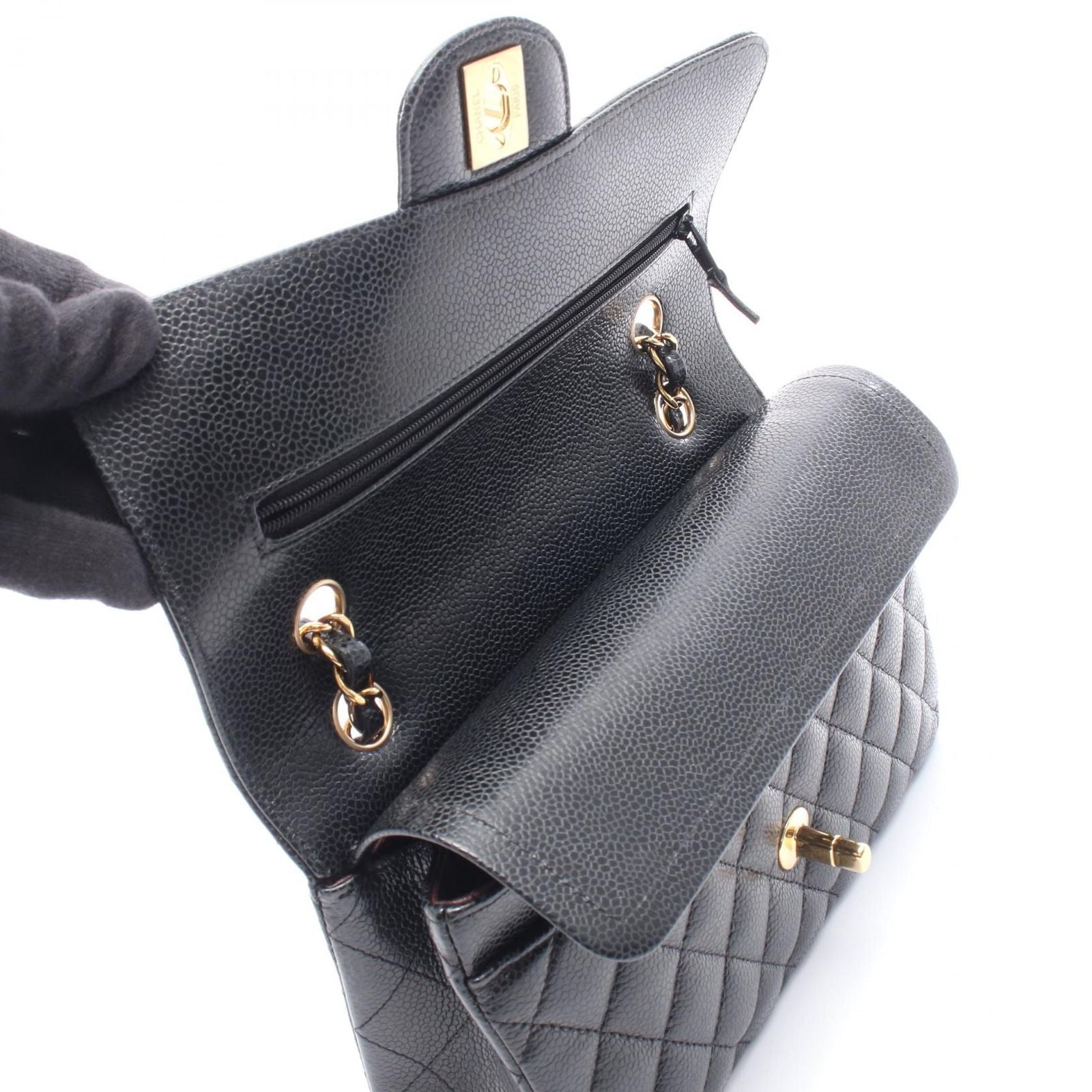 Chanel Shoulder Bag Quilted Double Flap Black Caviar Leather Chain — view 7