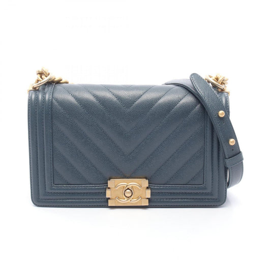 Chanel Shoulder Bag Blue Green Caviar Leather Stitch Chain