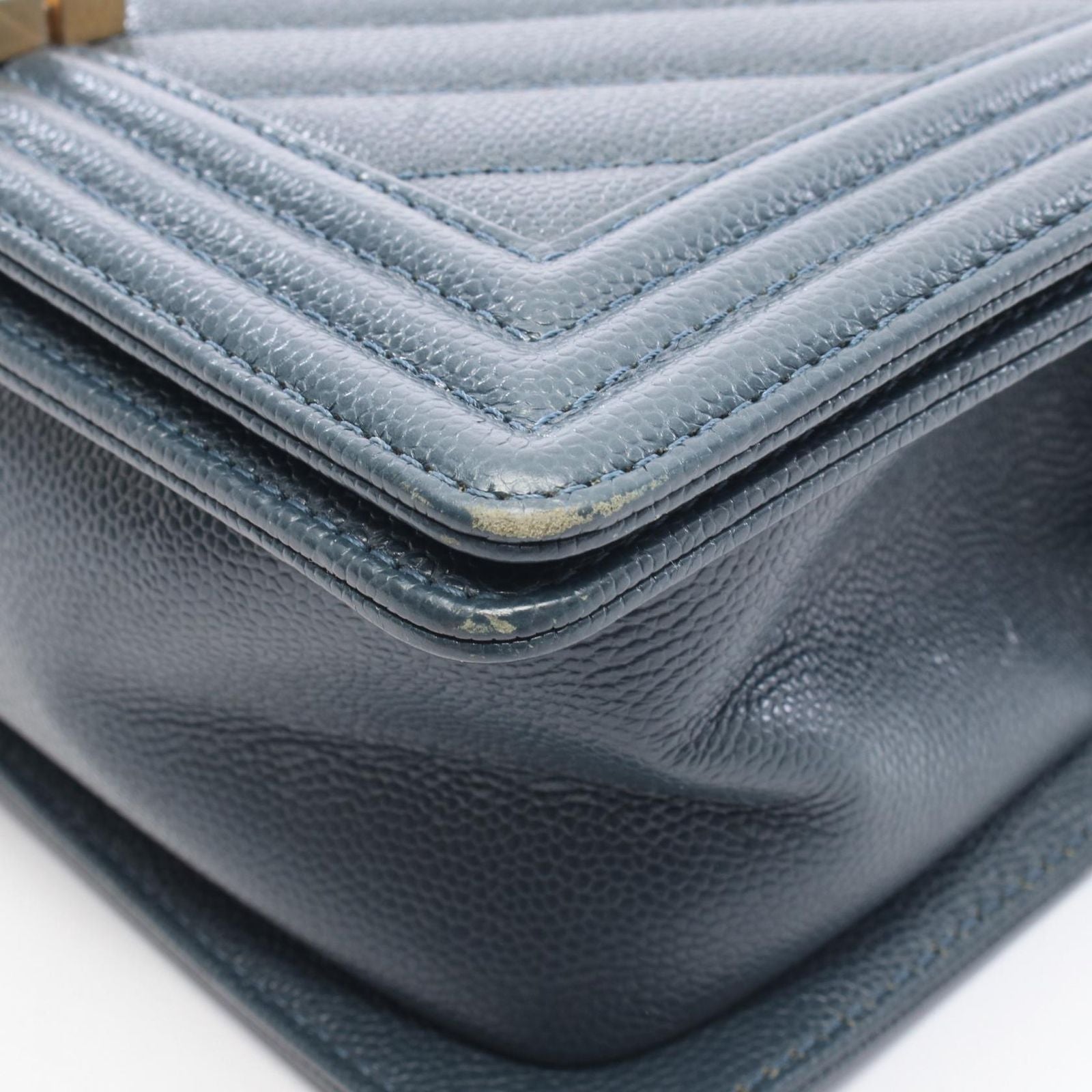 Chanel Shoulder Bag Blue Green Caviar Leather Stitch Chain — view 8