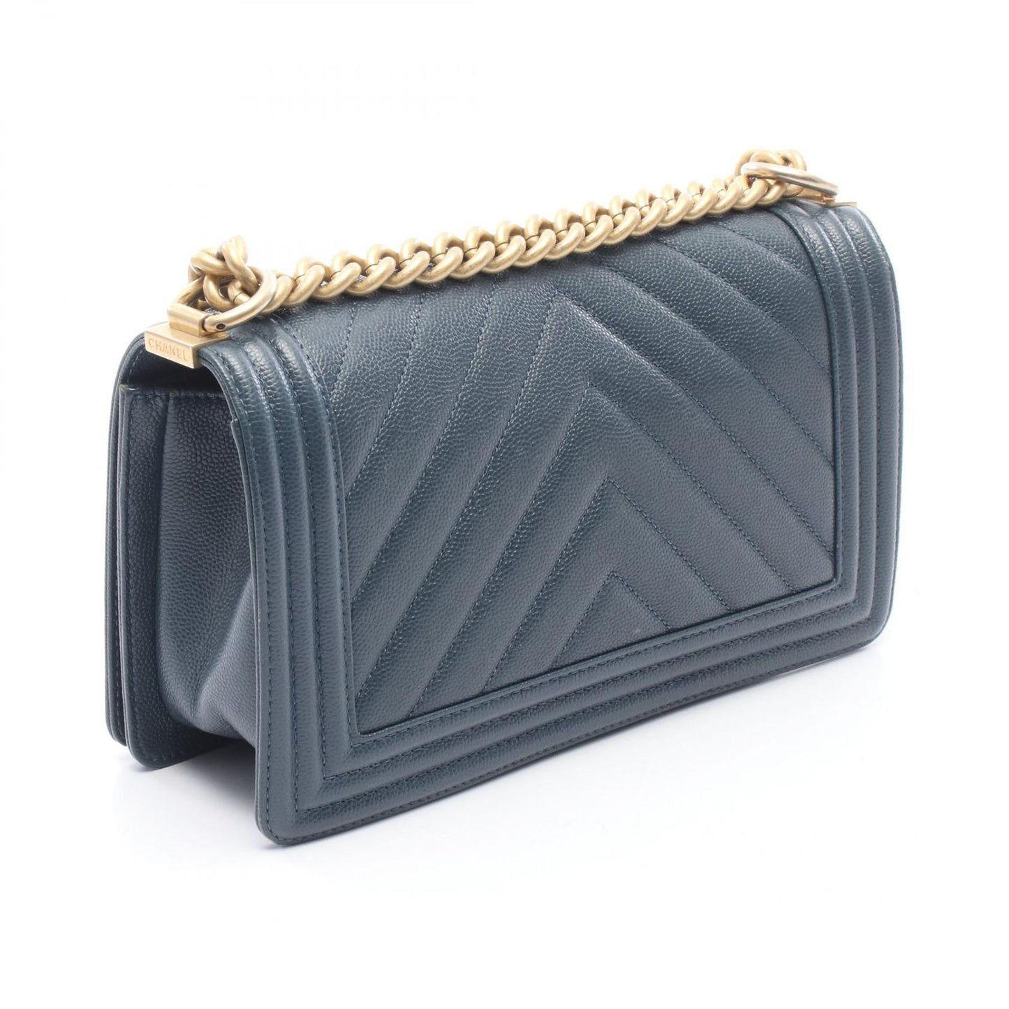 Chanel Shoulder Bag Blue Green Caviar Leather Stitch Chain — view 2
