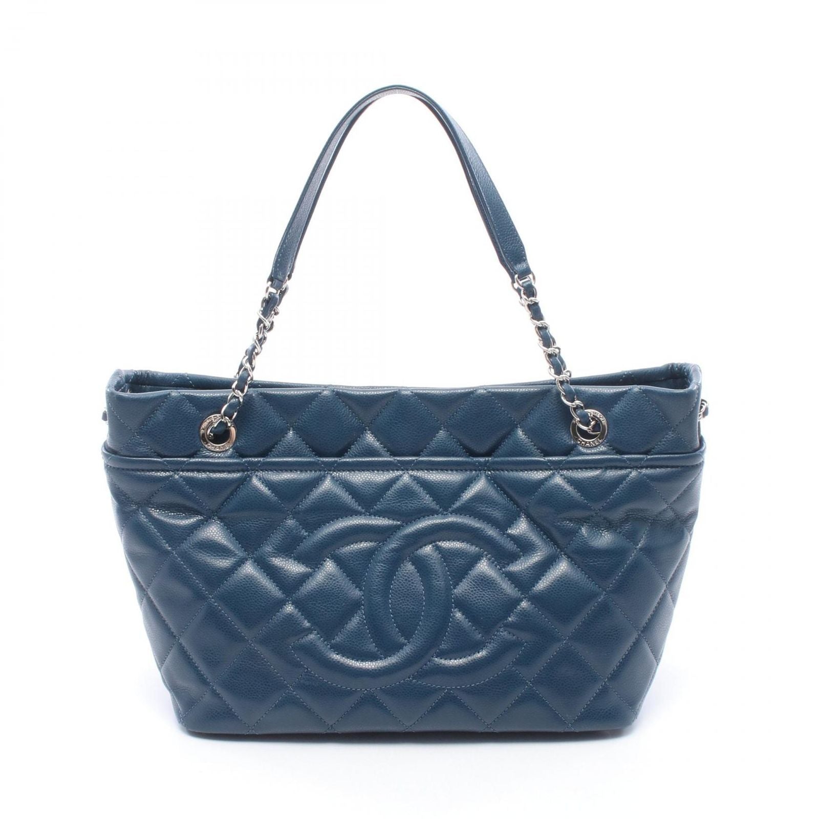 Chanel Tote Quilted Blue Caviar Leather CC Logo Chain
