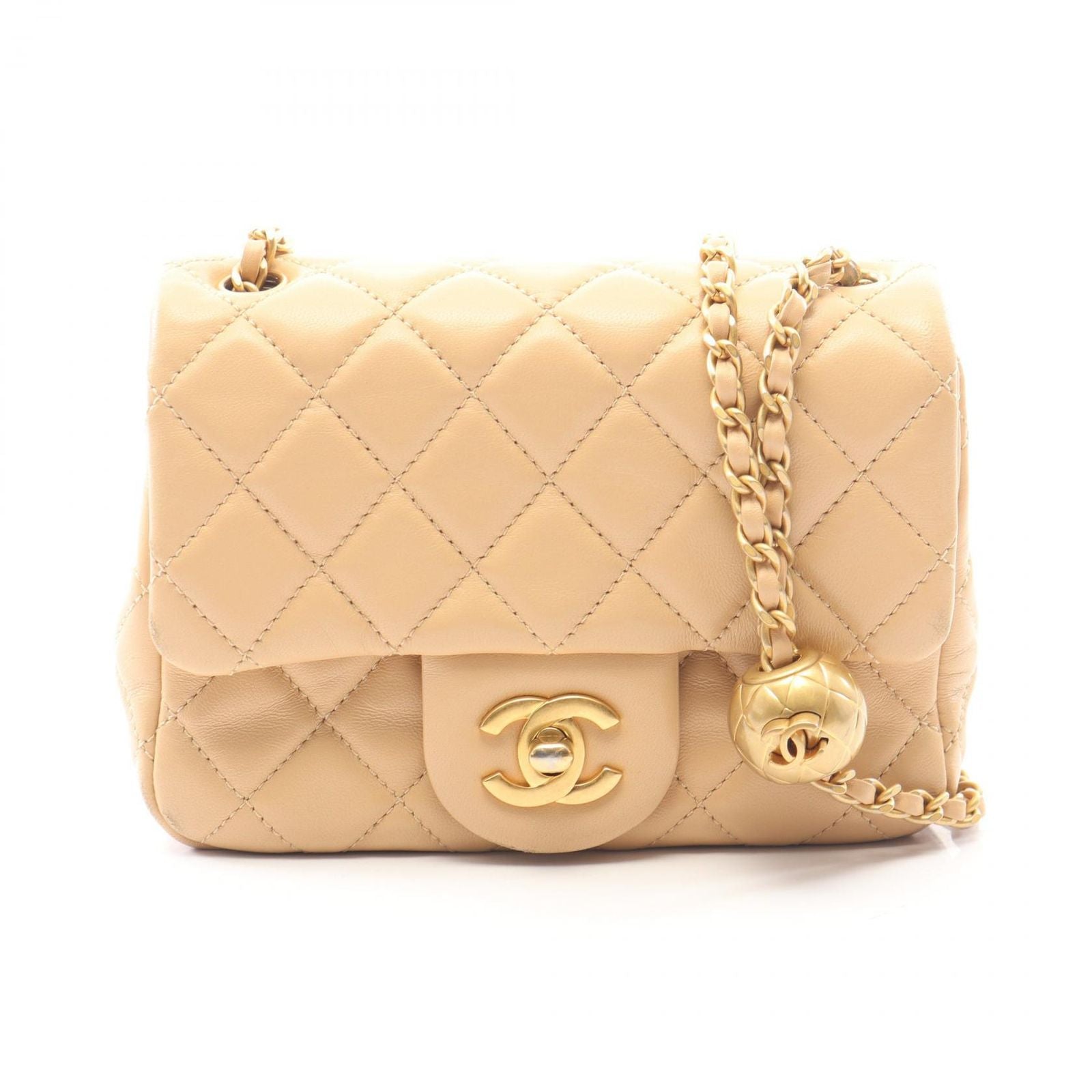 Chanel Shoulder Bag Quilted Beige Lambskin Mini Chain