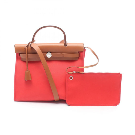 Hermes Handbag Herbag Zip PM 2-Way Bougainvillea Natural Canvas Leather