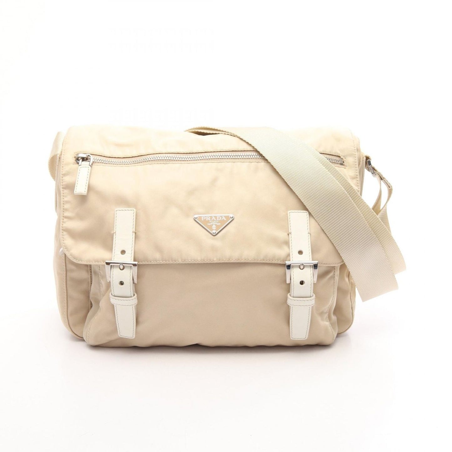 Prada Shoulder Bag Triangle Plate Beige White Nylon Leather