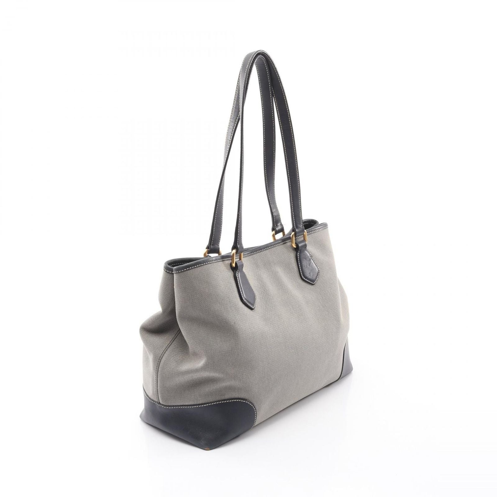 Prada Tote Logo Jacquard Triangle Plate Navy Beige Canvas Leather — view 2
