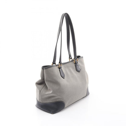Prada Tote Logo Jacquard Triangle Plate Navy Beige Canvas Leather — view 2