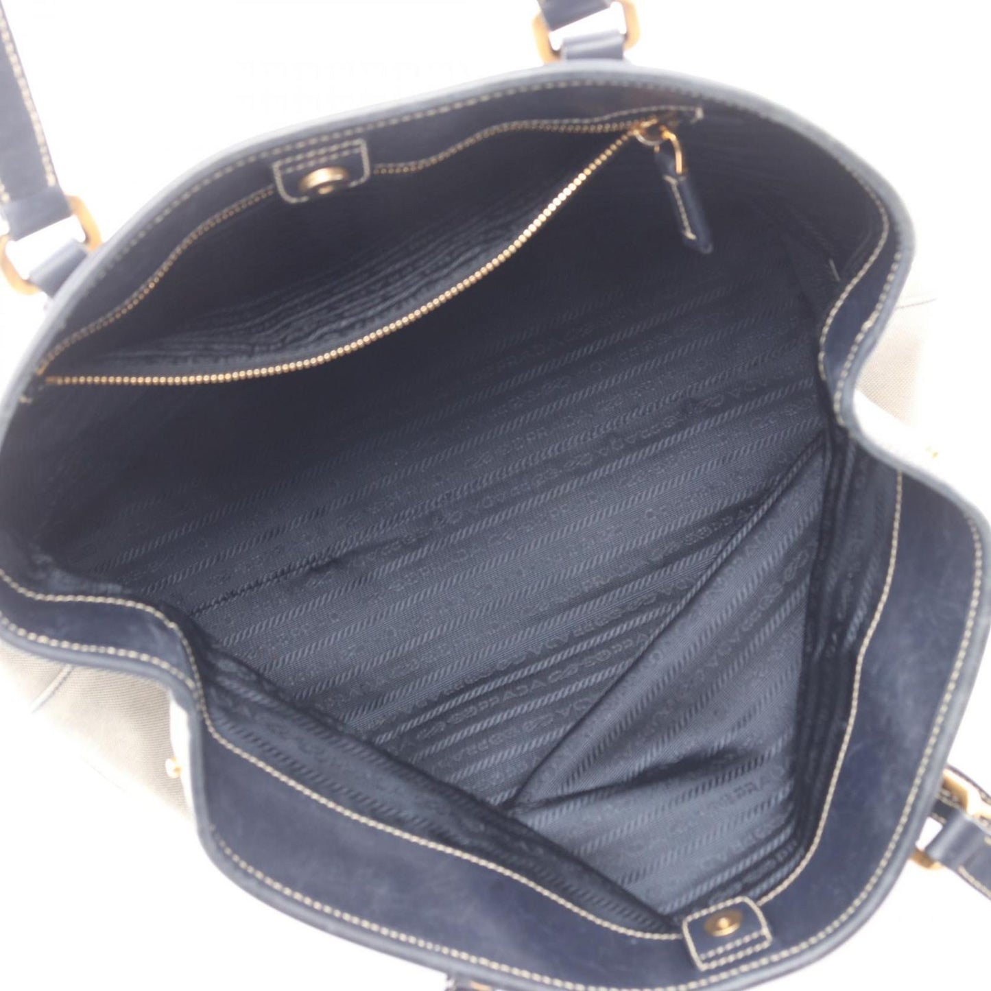 Prada Tote Logo Jacquard Triangle Plate Navy Beige Canvas Leather — view 3