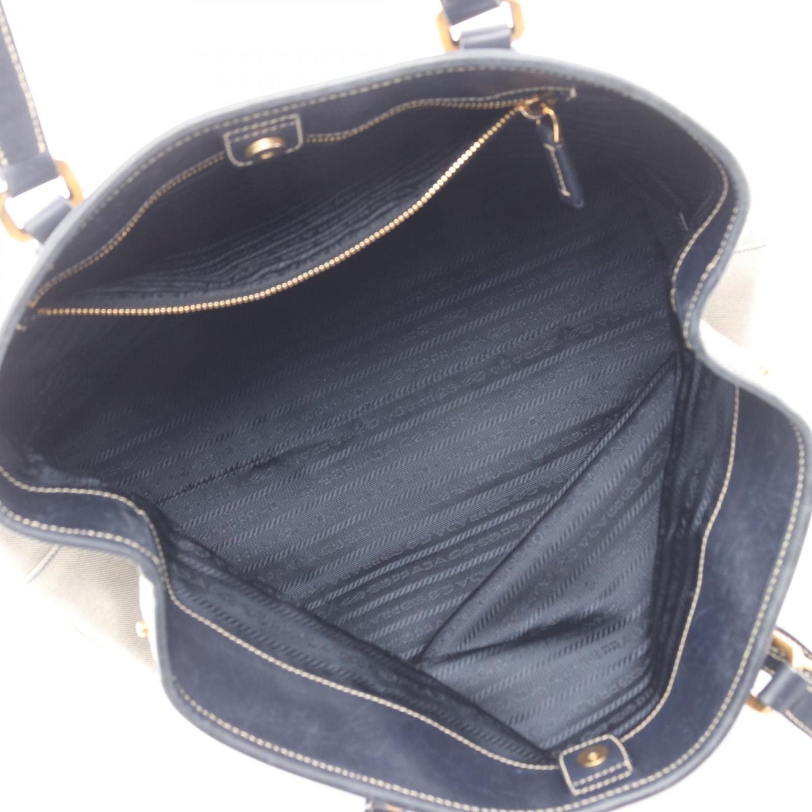 Prada Tote Logo Jacquard Triangle Plate Navy Beige Canvas Leather — view 3