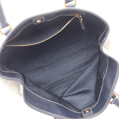 Prada Tote Logo Jacquard Triangle Plate Navy Beige Canvas Leather — view 3