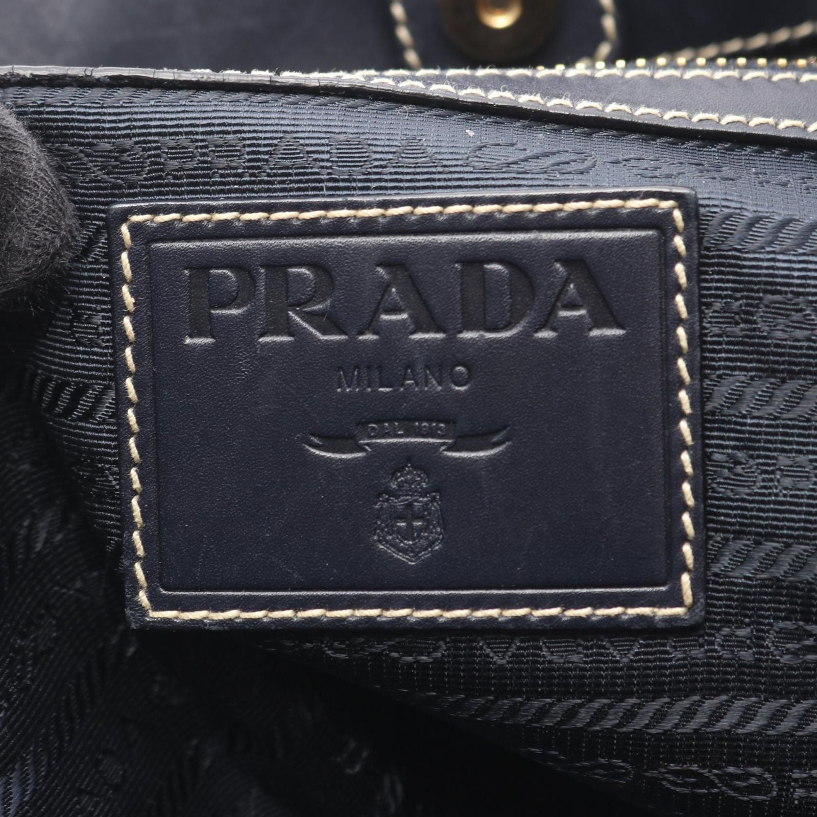 Prada Tote Logo Jacquard Triangle Plate Navy Beige Canvas Leather — view 4