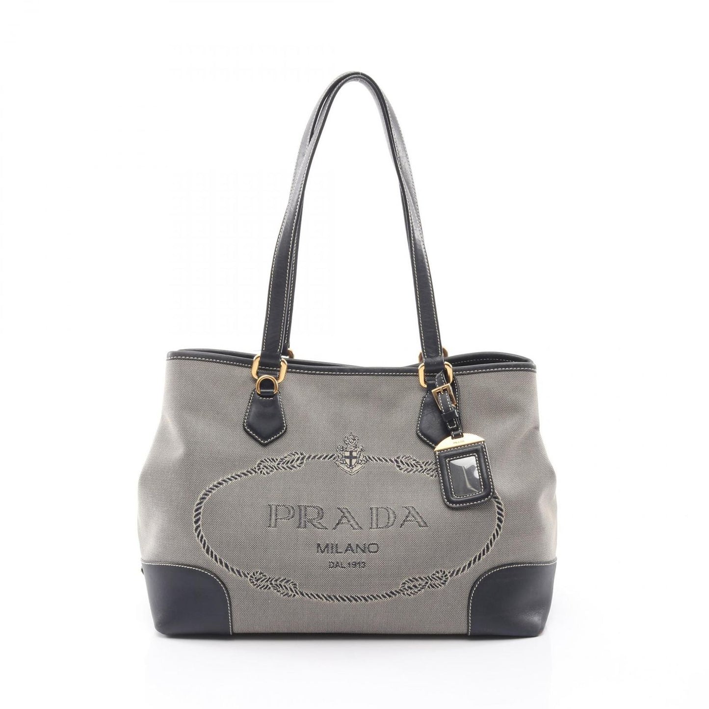 Prada Tote Logo Jacquard Triangle Plate Navy Beige Canvas Leather