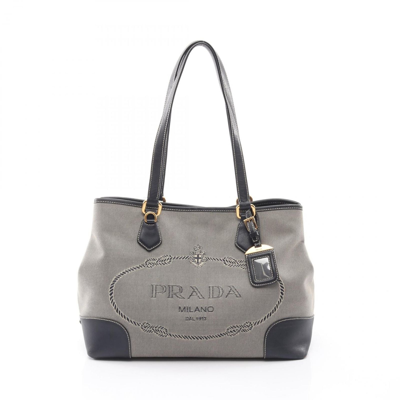 Prada Tote Logo Jacquard Triangle Plate Navy Beige Canvas Leather
