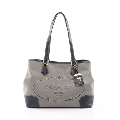 Prada Tote Logo Jacquard Triangle Plate Navy Beige Canvas Leather