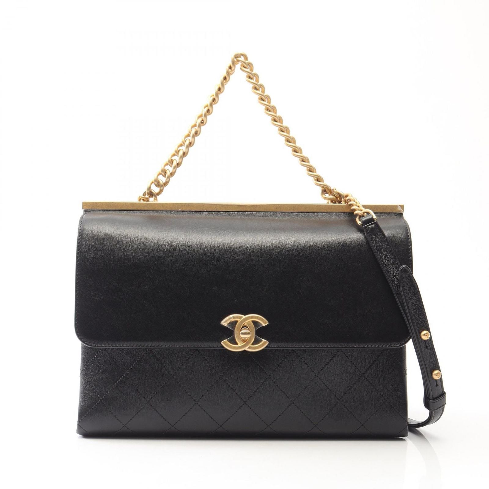 Chanel Shoulder Bag Quilted 2-Way Black Lambskin Chain
