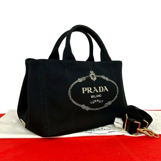 Prada Canapa Triangle Logo Canvas 2-Way Shoulder Bag Tote Black