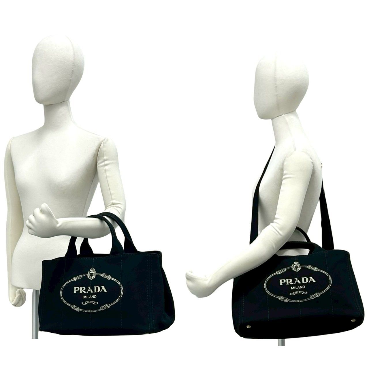 Prada Canapa Triangle Logo Canvas 2-Way Shoulder Bag Tote Black — view 2