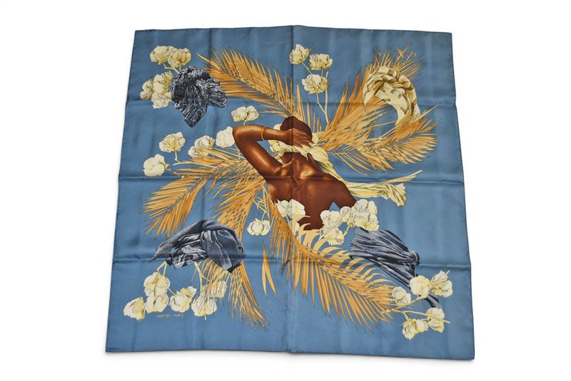 Hermes Carre 90 Scarf Queen's Turban Tropical Forest Silk 100% Blue Multi