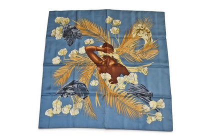 Hermes Carre 90 Scarf Queen's Turban Tropical Forest Silk 100% Blue Multi