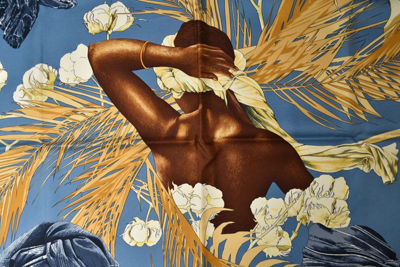 Hermes Carre 90 Scarf Queen's Turban Tropical Forest Silk 100% Blue Multi — view 2