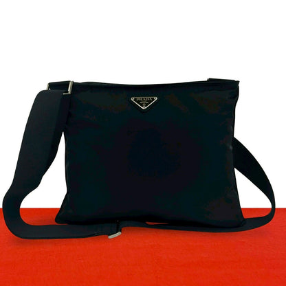 Prada Triangle Logo Tessuto Nylon Leather Shoulder Bag Crossbody Pochette Black