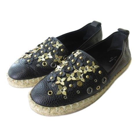 Louis Vuitton Espadrilles Slip on Shoes Monogram Flower Black