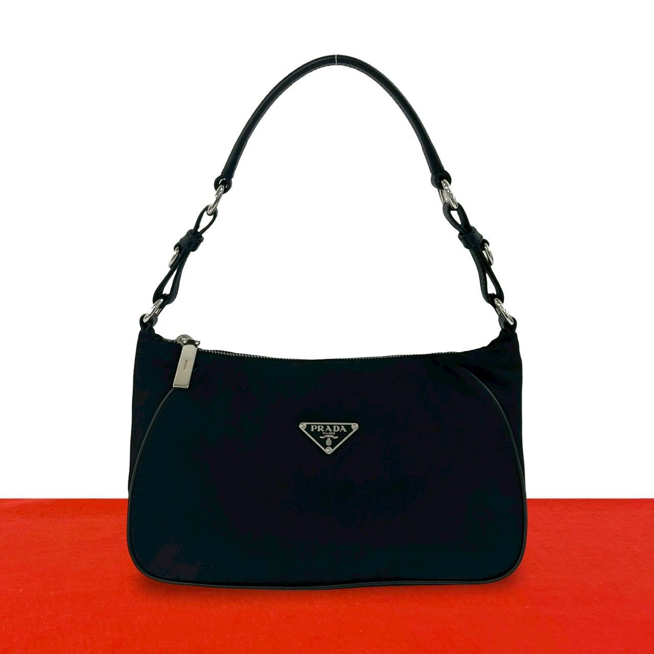 Prada Triangle Logo Nylon Leather Shoulder Bag Semi Black