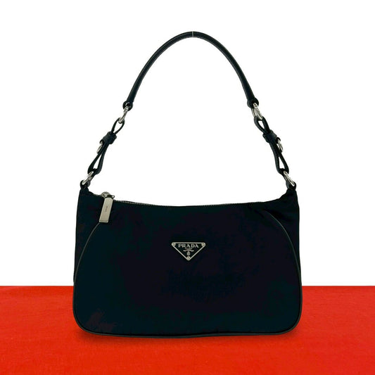 Prada Triangle Logo Nylon Leather Shoulder Bag Semi Black