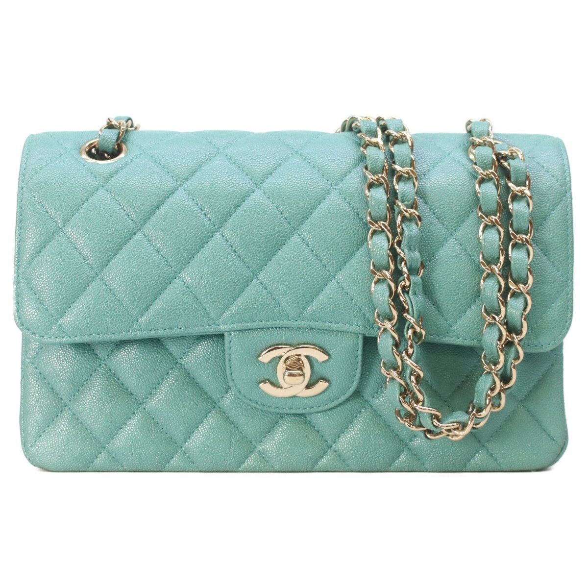Chanel Pearl Green Caviar Gold Quilted 23 Shoulder