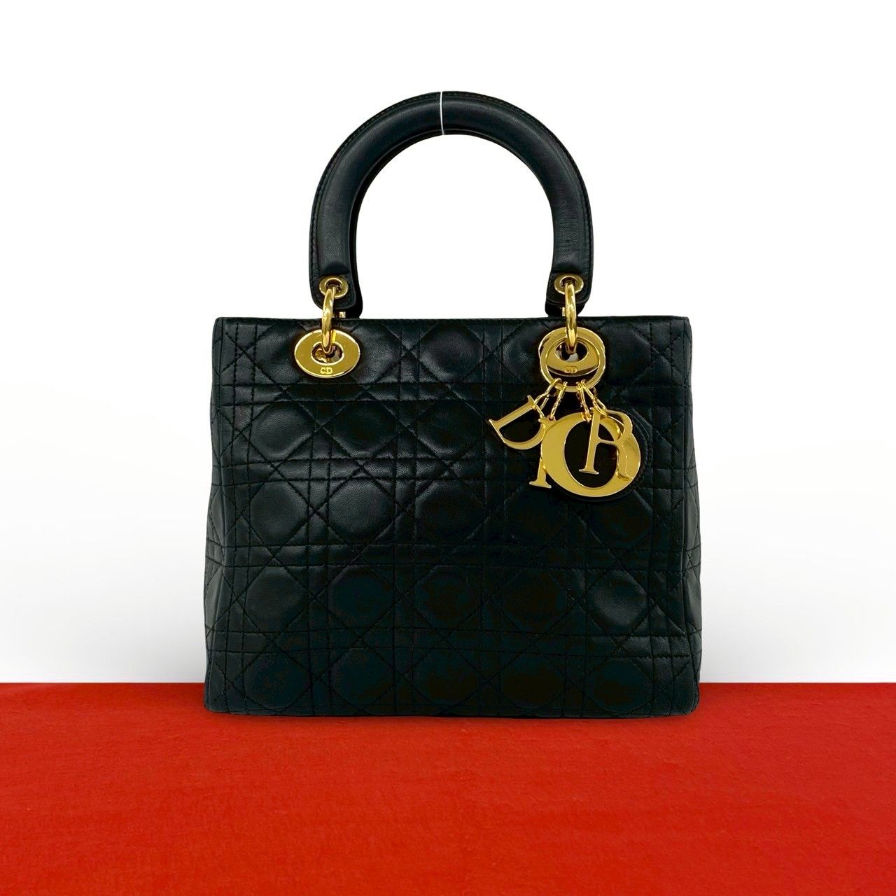 Dior Vintage Lady Cannage Lambskin Leather Handbag Black