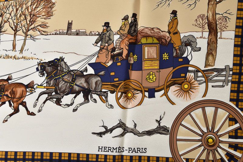 Hermes Carre 90 Scarf Winter Post L'hiver en Poste Vintage Navy White — view 4