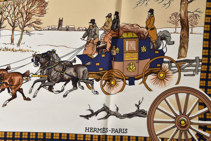 Hermes Carre 90 Scarf Winter Post L'hiver en Poste Vintage Navy White — view 4