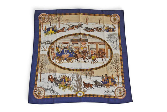 Hermes Carre 90 Scarf Winter Post L'hiver en Poste Vintage Navy White