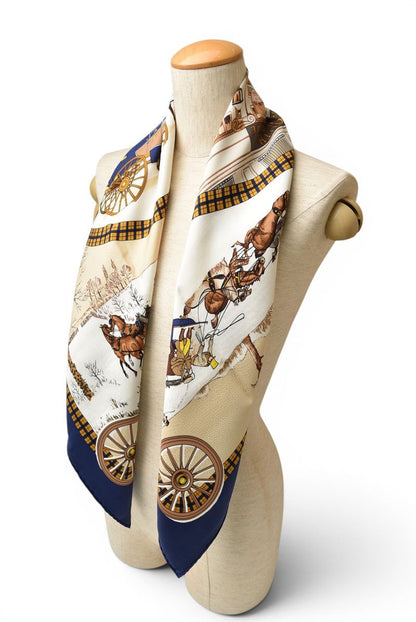 Hermes Carre 90 Scarf Winter Post L'hiver en Poste Vintage Navy White — view 8