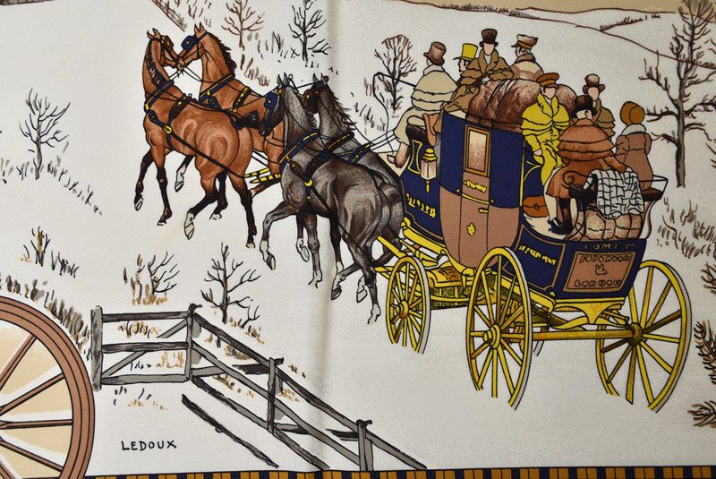 Hermes Carre 90 Scarf Winter Post L'hiver en Poste Vintage Navy White — view 5