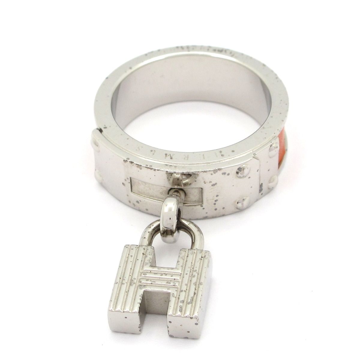 Hermes Scarf Ring Kelly Leather Orange Silver