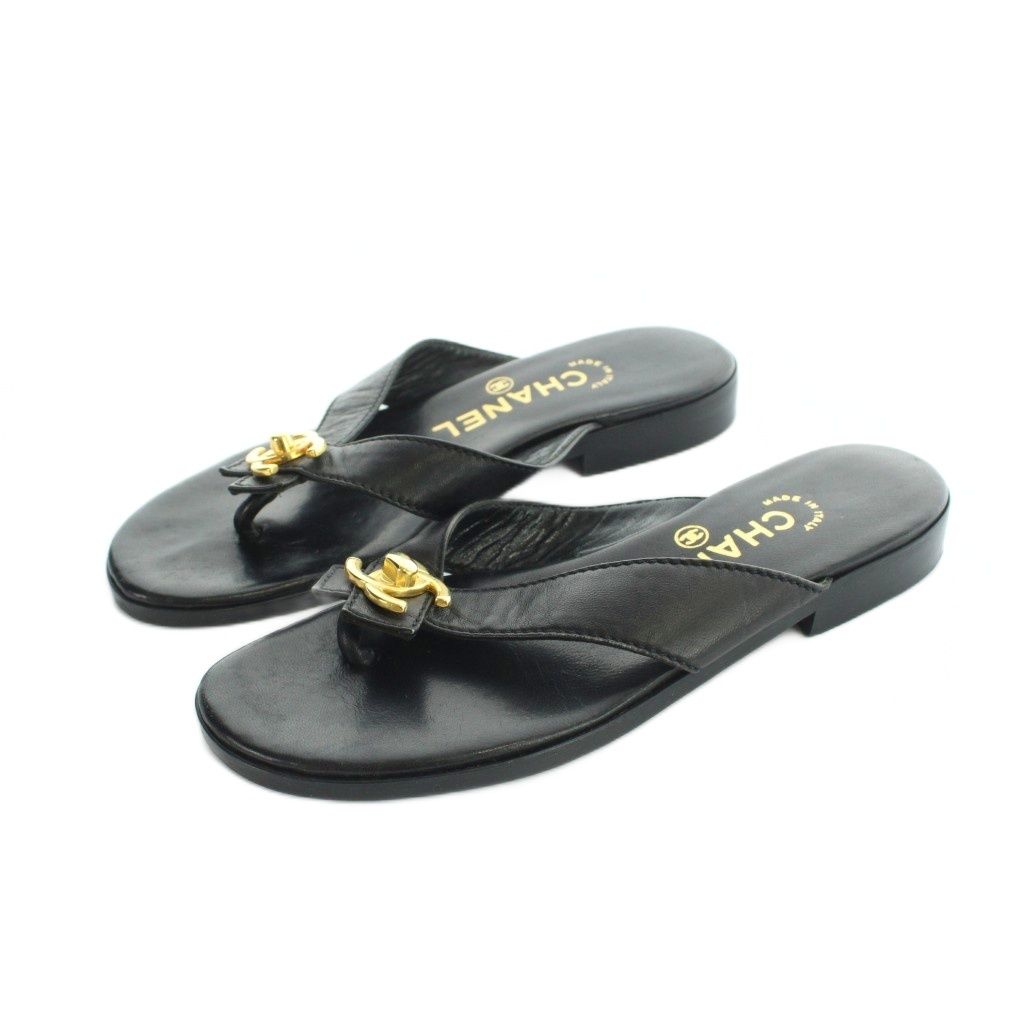 Chanel Thong Sandals Gold Logo Leather CC 36 Black