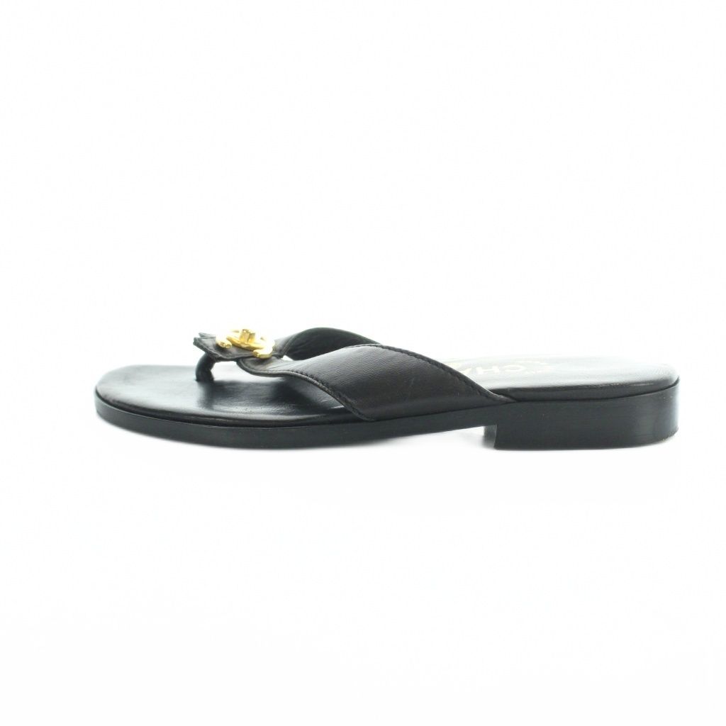 Chanel Thong Sandals Gold Logo Leather CC 36 Black — view 2
