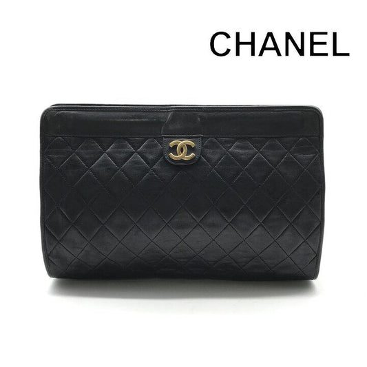 Chanel CC Logo Quilted Lambskin Clutch Second Black Purse
