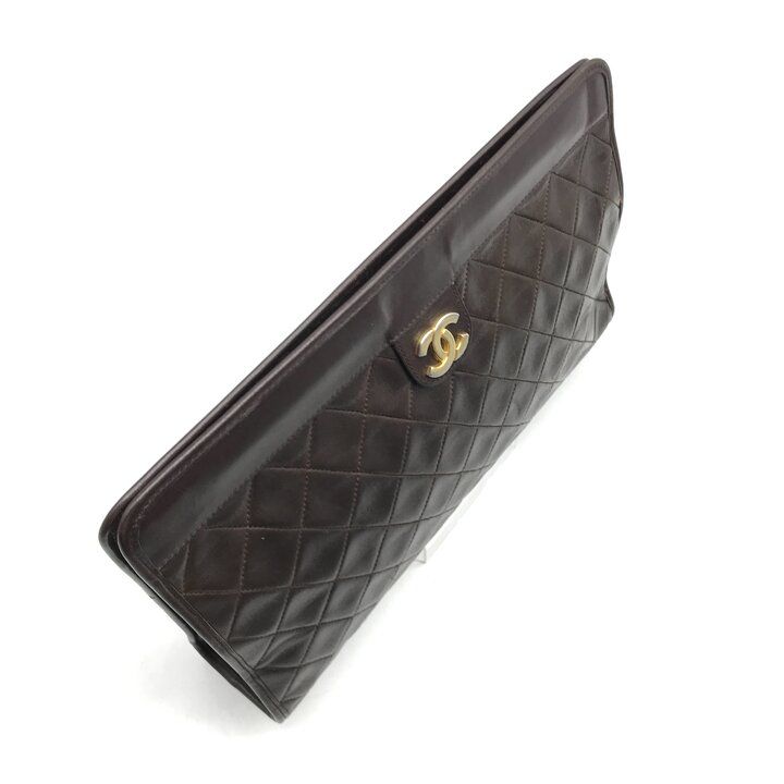 Chanel CC Logo Quilted Lambskin Clutch Second Brown Purse — view 7