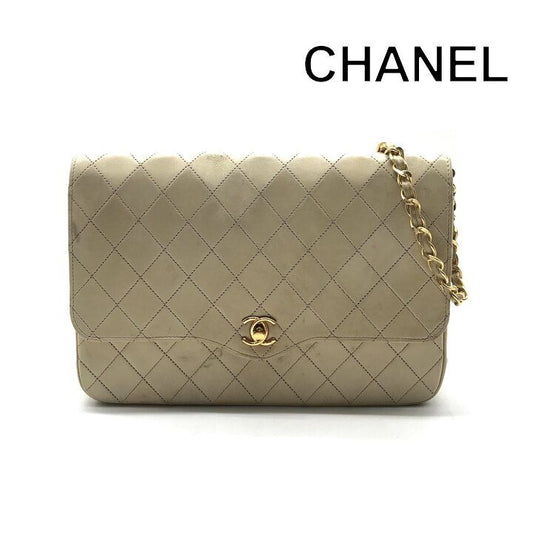 Chanel CC Logo Quilted Lambskin Chain Shoulder Bag Beige Purse
