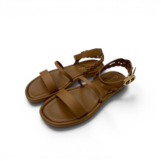 Dior Sandals Shoes Leather Brown Gold Logo Strap
